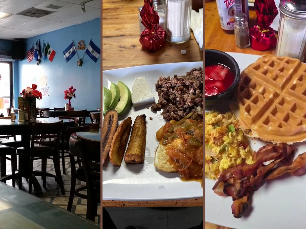Casual Salvadoran restaurant dining room with simple tables.
