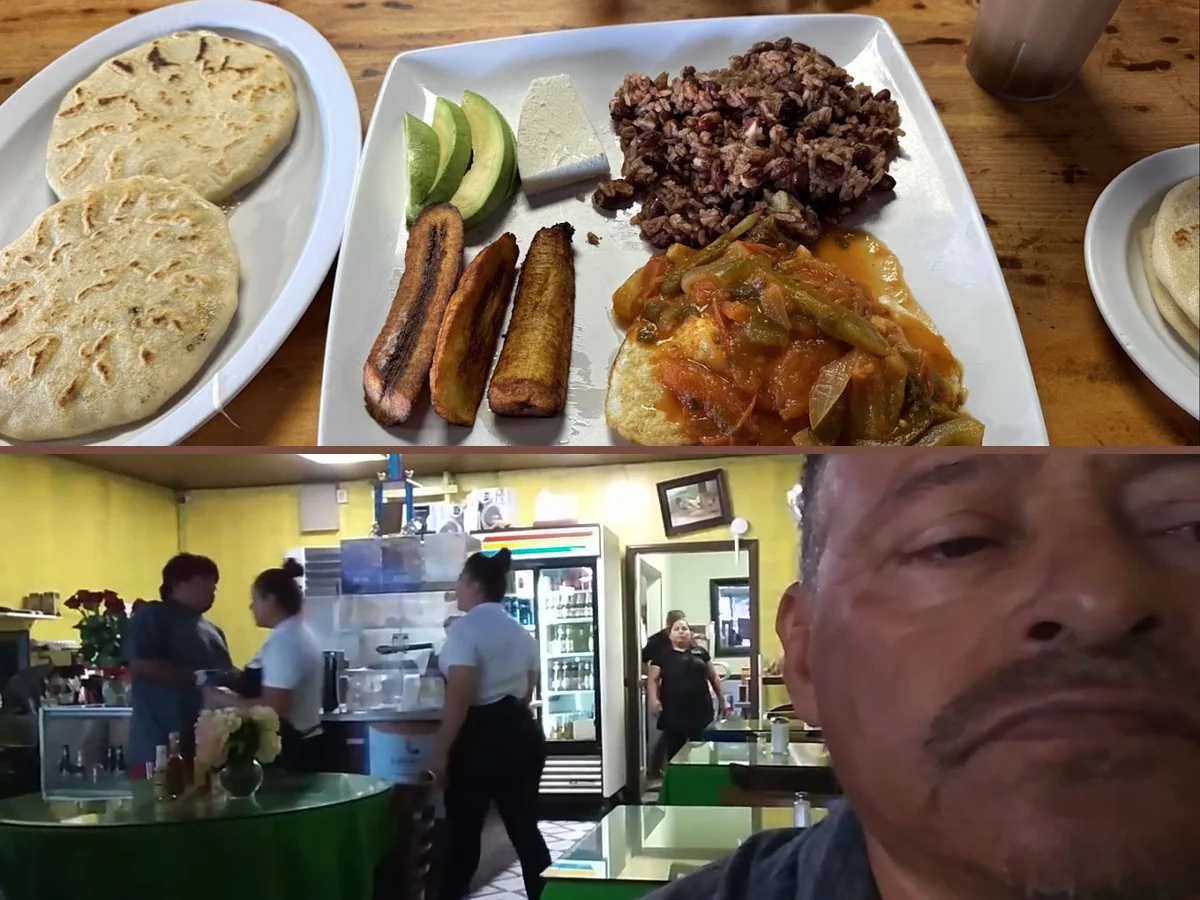 Casual Salvadoran restaurant dining room with simple tables.