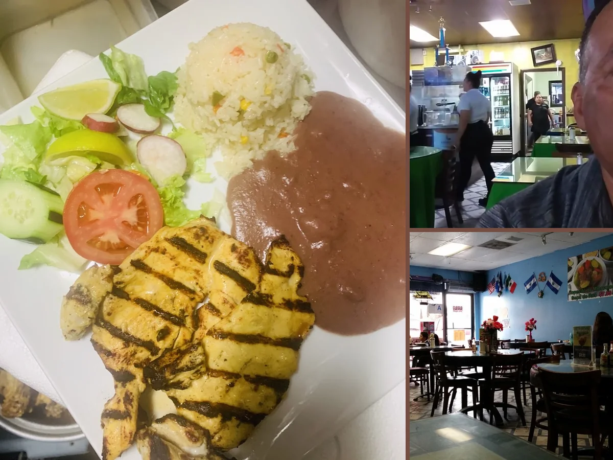Casual Salvadoran restaurant dining room with simple tables.